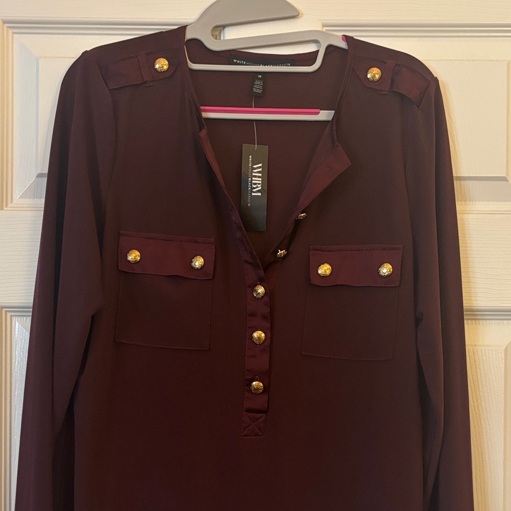 White House Black Market Burgundy / port Blouse with Gold Accents